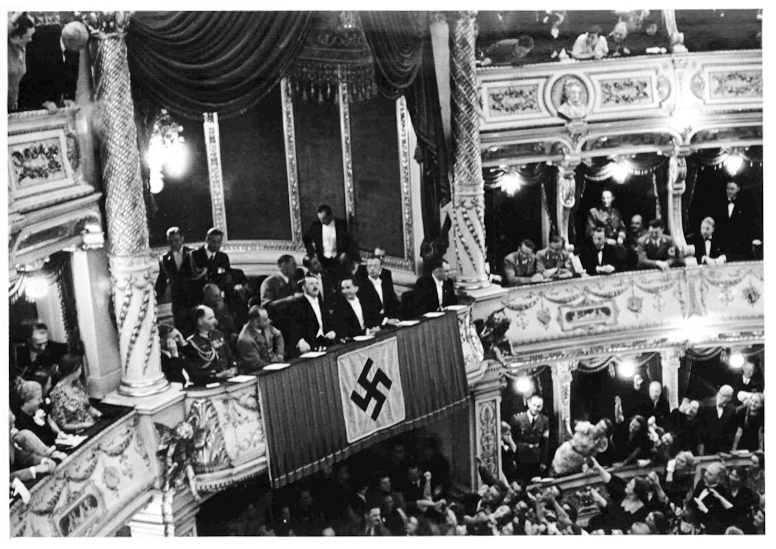 Hitler at a performance of Richard Strauss' latest work Ein Friedenstag, which premiered at the 6th Reichstheaterfestwoche in Vienna